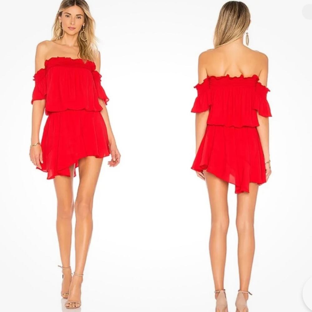 Amanda Uprichard off shoulder red mini dress sz XS asymmetrical smocked ruffle